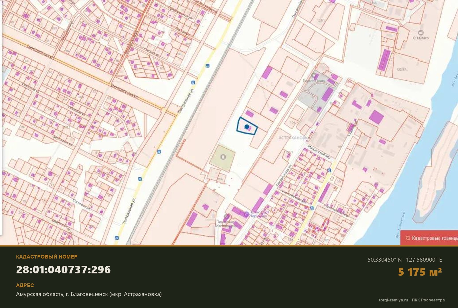 Контур земельного участка 28:01:040737:296 на кадастровой карте Росреестра